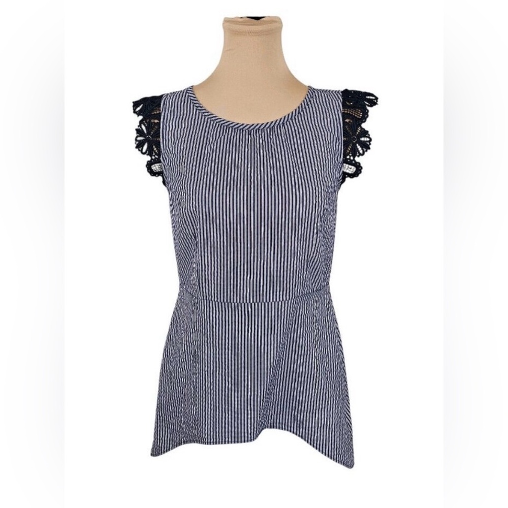 L Seersucker Striped Navy and White Women's Top with Lace Cap Sleeves